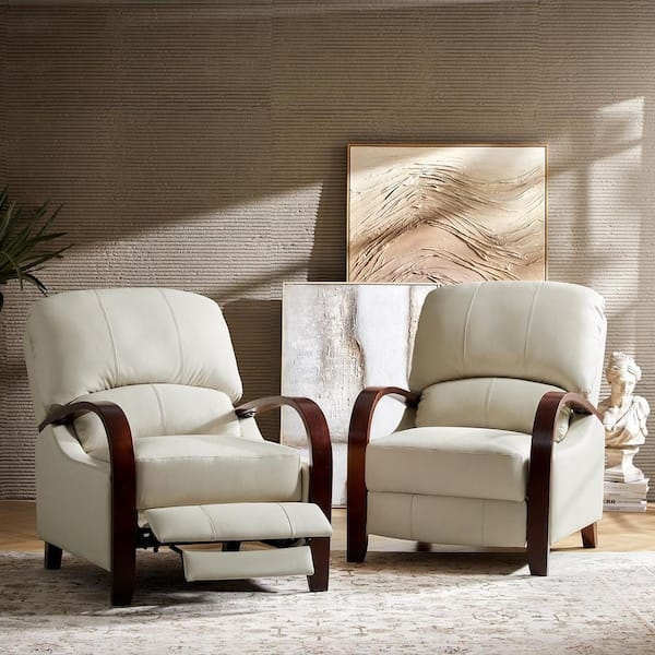 Recliner Curved Wood Arms Manual Recline Leather Like Set of 2