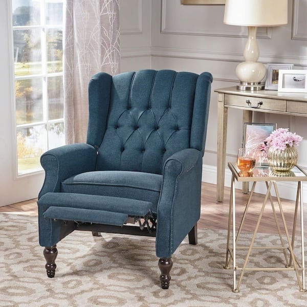 Recliner, Dark Blue Wingback, Button Tufted Back, Nailhead Detail