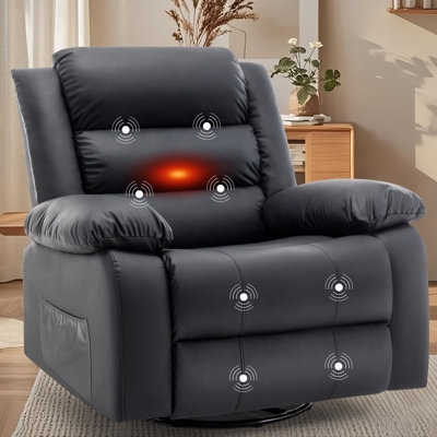 Recliner Dark Grey Leather-like Swivel Base Heat And Massage