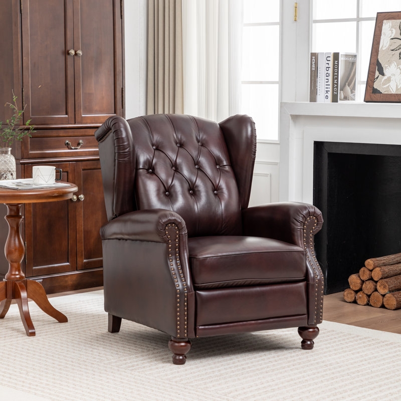 Recliner Diamond Tufted Wingback Dark Brown Leather Like