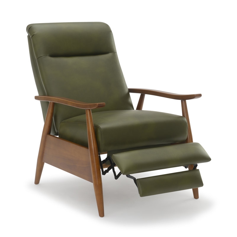 Recliner Fern Green Leather, Curved Wood Arms & Extended Footrest