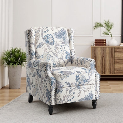 Recliner Floral Pattern Blue Cream Wingback Silhouette Nailhead Trim