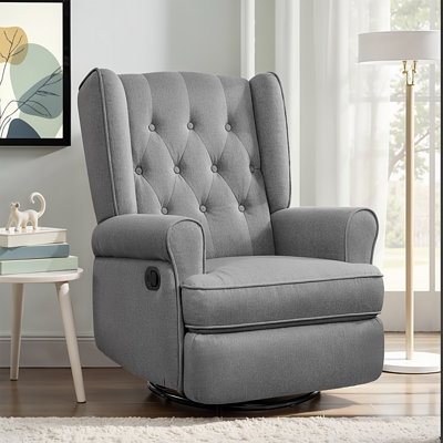Recliner Grey Swivel Rocker Button Tufted Wingback Transitional Chair