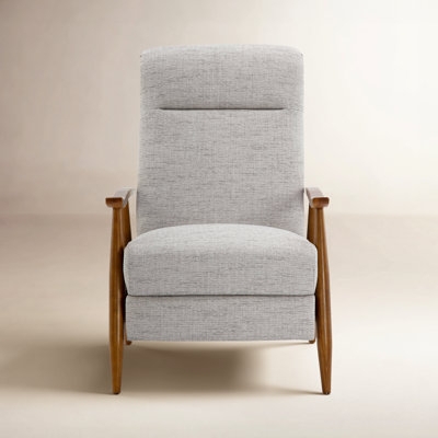 Recliner Heather Gray Woven Fabric with Flared Wood Arms, Slim Profile