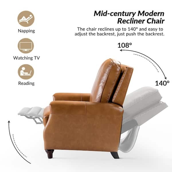 Recliner in Camel Upholstery, Nailhead Trim Push Back Mechanism