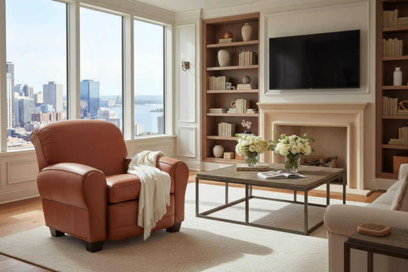 Recliner in Classic Club Silhouette, Cognac Leather-Like Finish