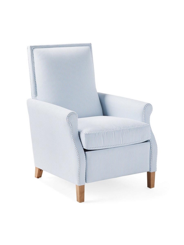 Recliner in Coastal Blue Pinstripe with Rolled Arms & Nailhead Trim