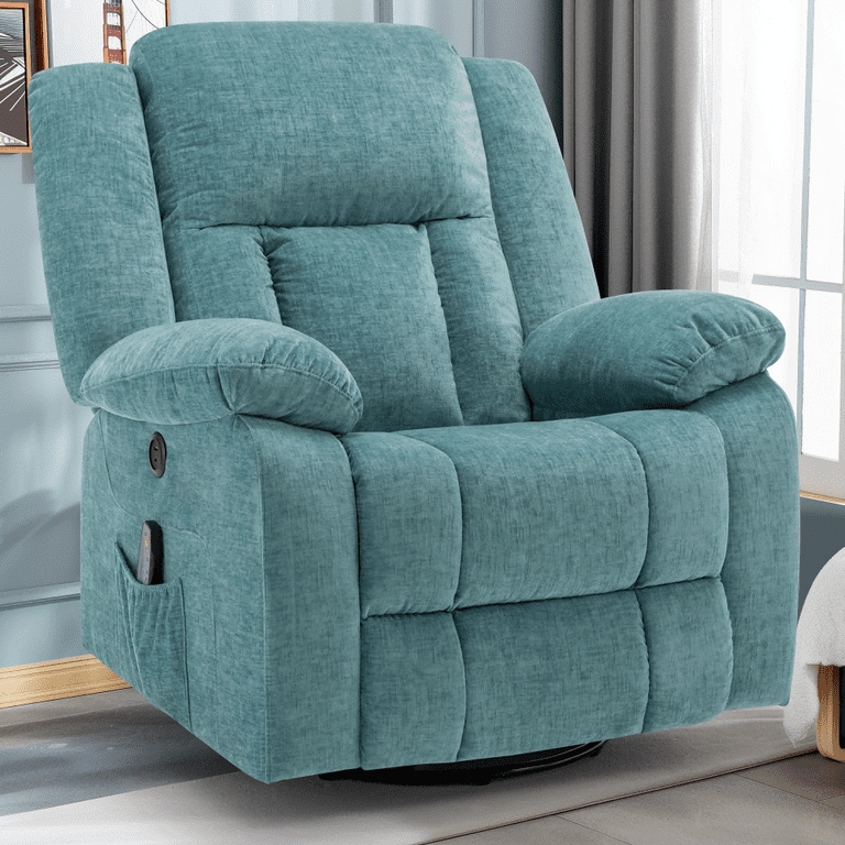 Recliner in Teal Chenille Fabric with Oversized Pillow Arms