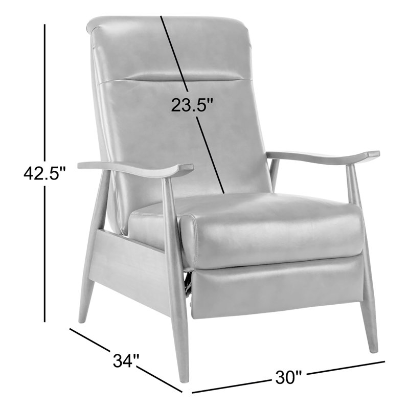 Recliner Light Gray Leather with Slender Wood Arms & Dimension Lines