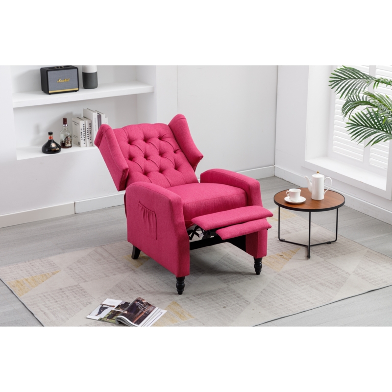 Recliner Magenta Diamond Tufted Back Turned Legs Push Back Mechanism