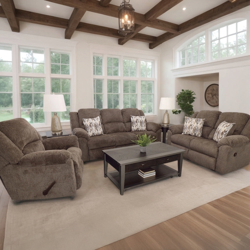 Recliner Manual Lever Brown Fabric Rolled Arms Living Room Set