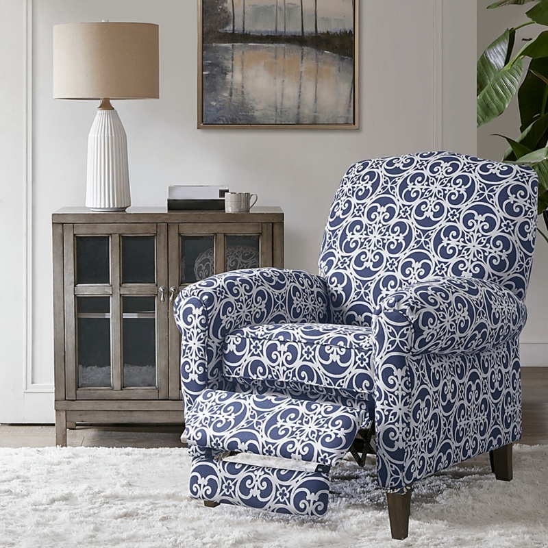 Recliner Manual Navy Medallion Pattern Rolled Arms Tapered Legs Traditional
