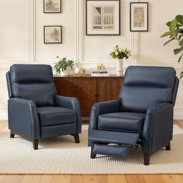 Recliner Navy Blue Leather Like Pushback Tapered Legs