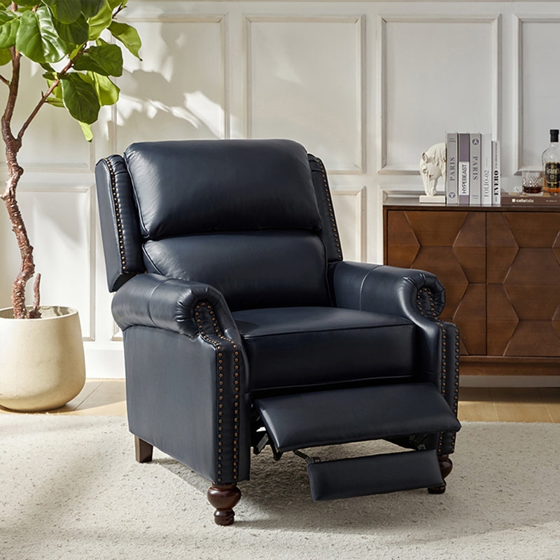 Recliner Navy Blue Leather Like Rolled Arms Bun Feet
