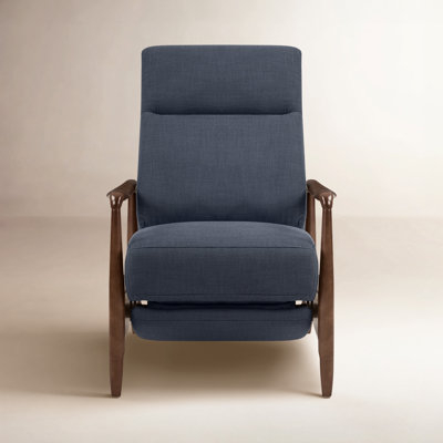 Recliner Navy Blue Woven Fabric, Tapered Wood Frame & High Back