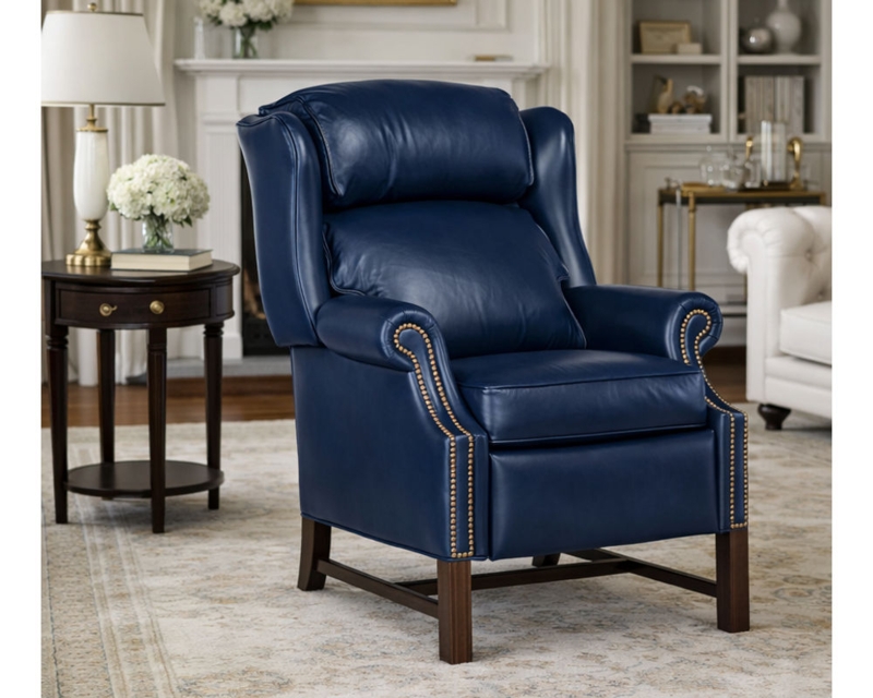 Recliner, Navy Leather-Like, Nailhead Trim, Traditional Chippendale Style