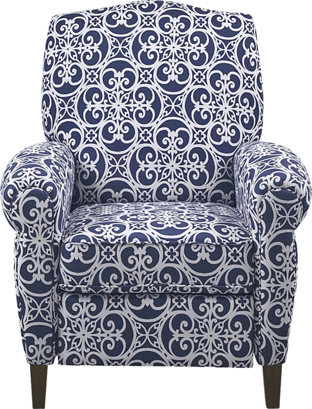 Recliner Navy White Large Scale Medallion Rolled Arms High Back Tapered