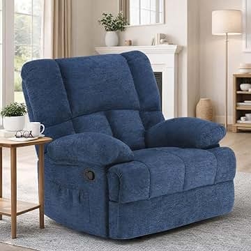Recliner Oversized Denim Blue Manual Side Pocket Split Back Padded Arms