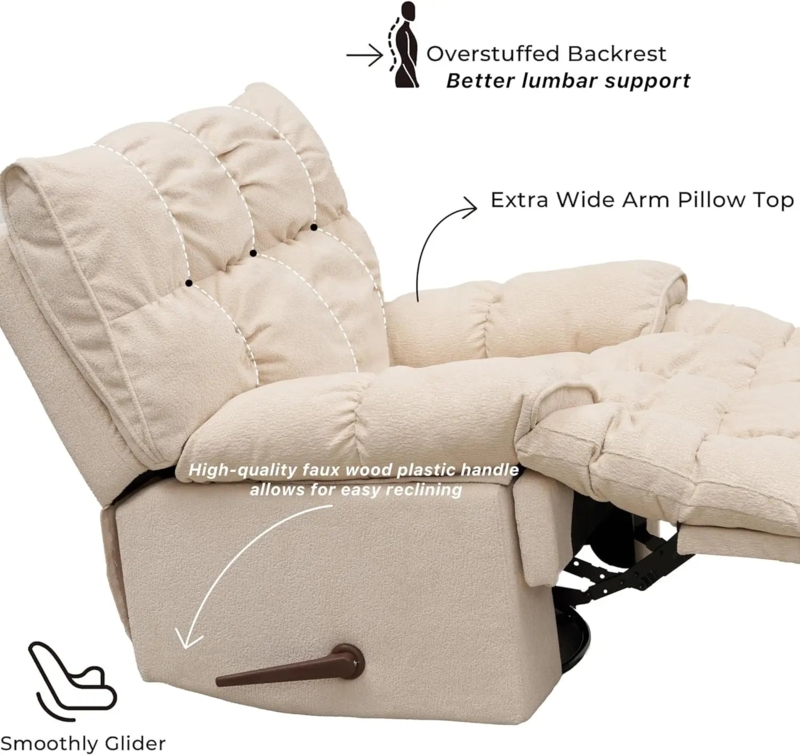 Recliner Overstuffed Backrest Cream Plush Glider Chair Manual