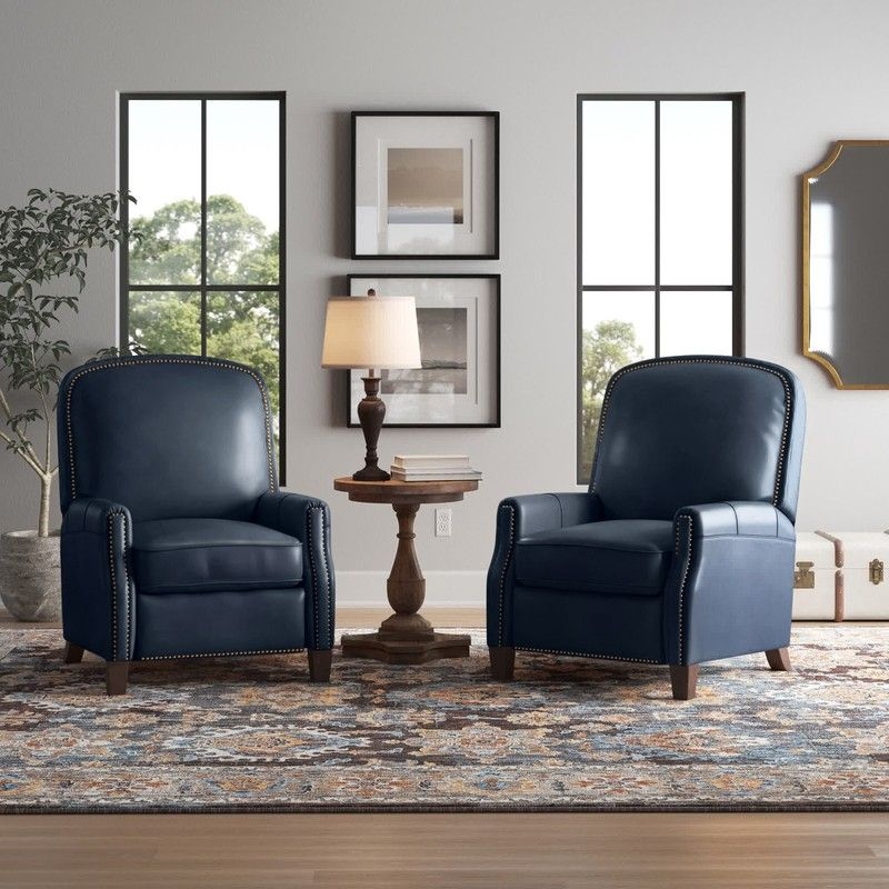 Recliner Pair Navy Blue Leather-Like Nailhead Trim Armchairs