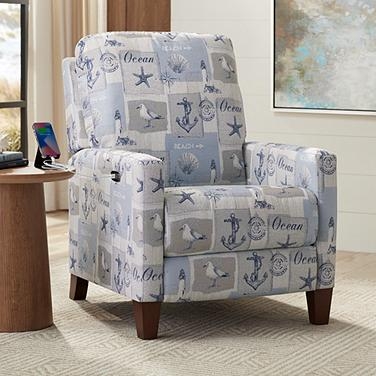 Recliner Power Coastal Nautical Seagull Print Tapered Wood Legs Track Arms