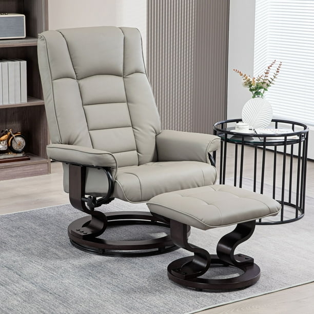 Recliner Set Gray Faux Leather Curved Wood Legs Swivel Ottoman