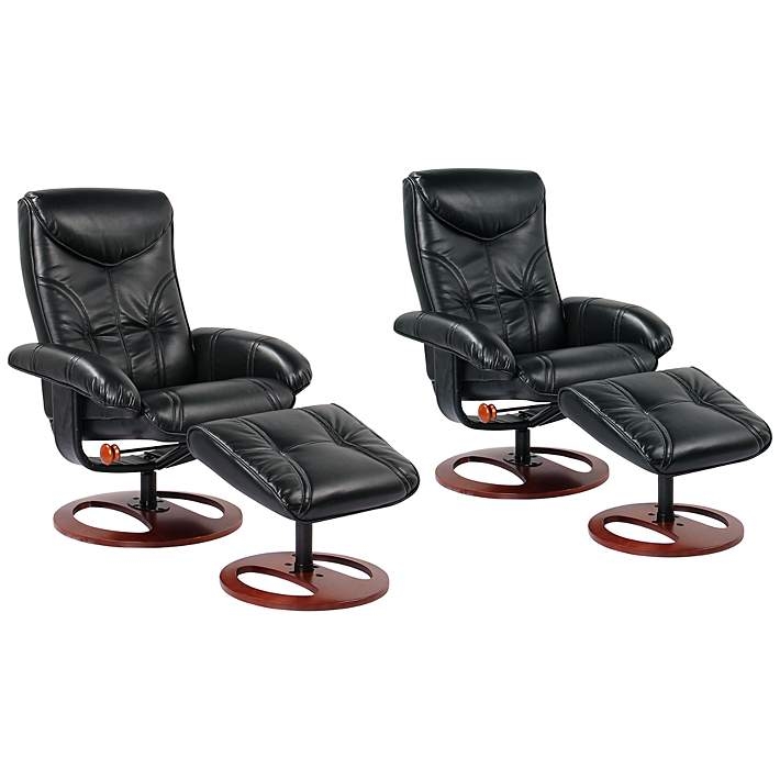 Recliner Set of 2 Swivel Base Matching Ottomans Leather Like Wood Toned