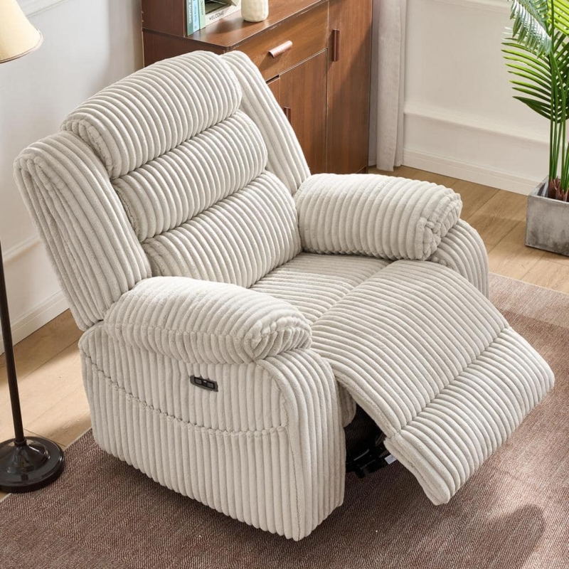 Recliner Side Button Control Power Reclining Overstuffed Ribbed