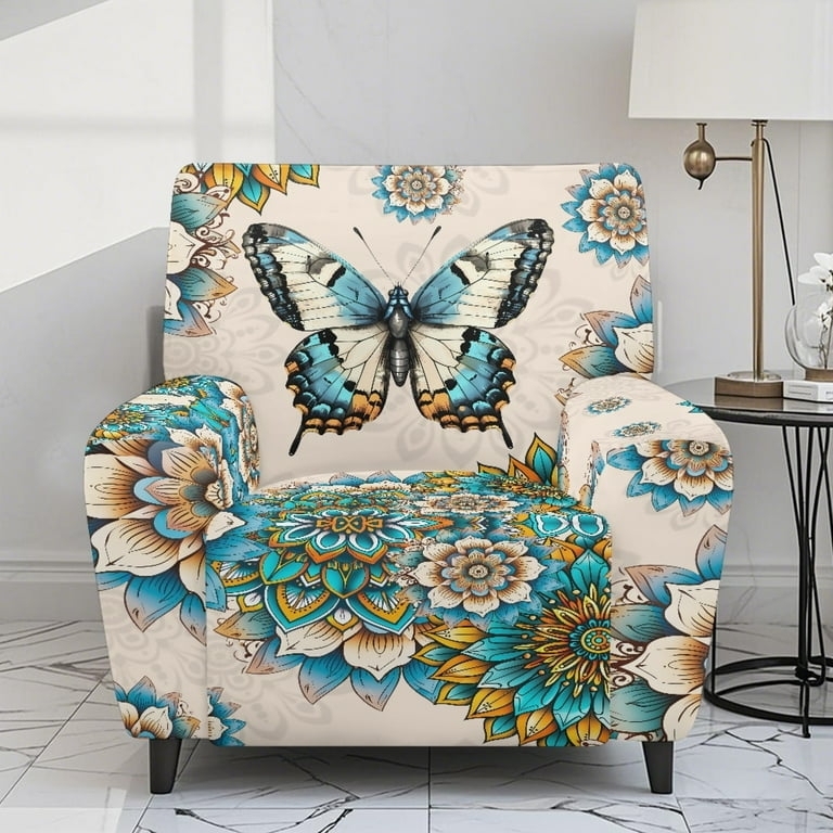Recliner Slipcover Butterfly Mandala Print Vibrant Teal Boho Protector (74)