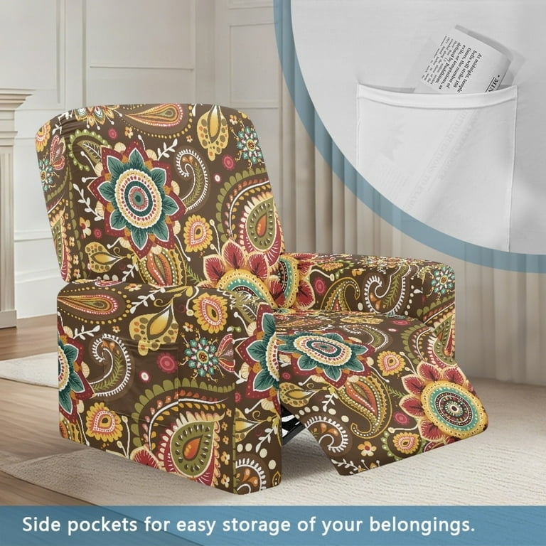 Recliner Slipcover Earthy Brown Integrated Side Pocket Boho Paisley (70)