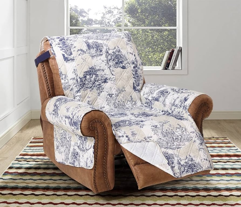 Recliner Slipcover Quilted Blue Toile Print Washable Furniture Protector