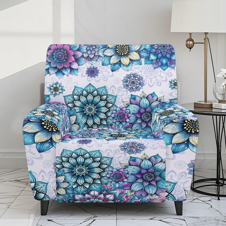 Recliner Slipcover Saturated Mandala Print Teal Floral Palette Boho (73)