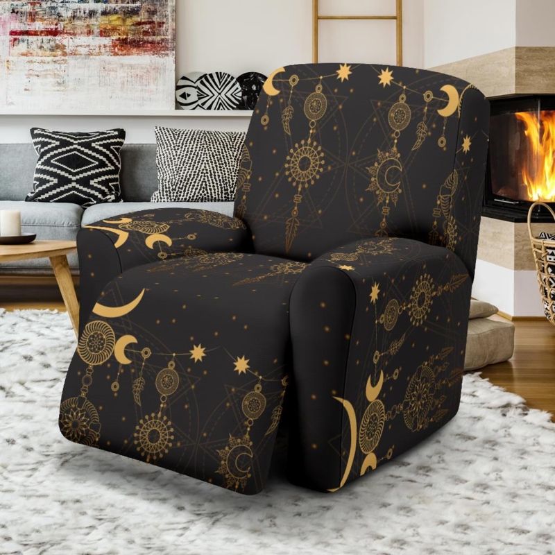 Recliner Slipcover Sun Moon Motif Gold on Black Mystical Boho Protector (75)