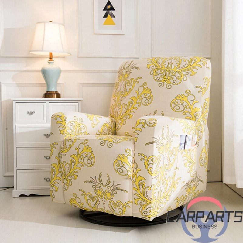 Recliner Slipcover Yellow Damask Pattern Stretch Fit Integrated Pocket (75)
