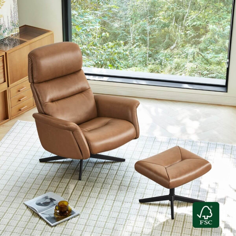 Recliner Swivel Chair Tan Faux Leather Channel Stitched Scandinavian