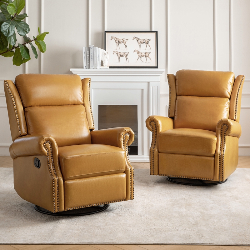 Recliner Swivel Glider Camel Leather Nailhead Traditional Wingback