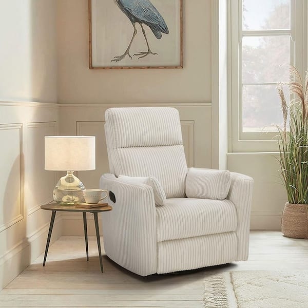 Recliner Swivel Glider Chair in Beige Corduroy with Ribbed Texture