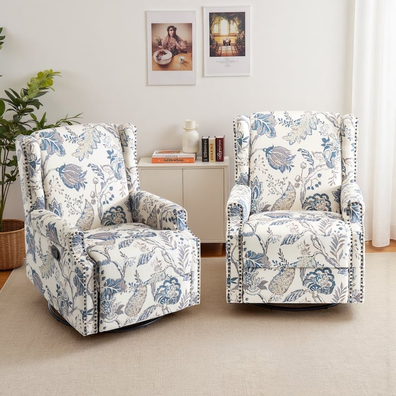 Recliner Swivel Wingback Floral Botanical Nailhead Trim Manual Set