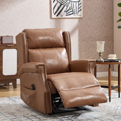 Recliner Tan Leather-like Wingback Silhouette Nailhead Trim