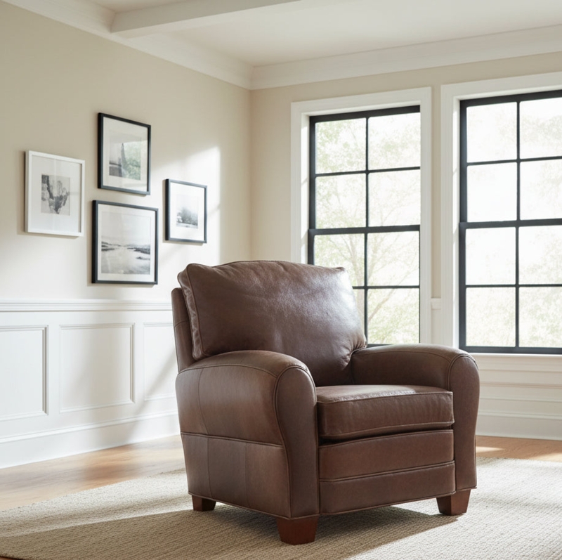 Recliner Traditional Brown Leather Look Tapered Legs Rolled Arms