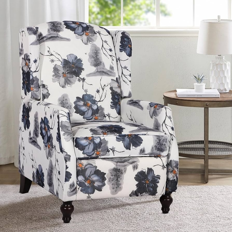 Recliner Wingback Large Scale Floral Turned Legs Rolled Arms Slate Blue