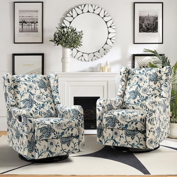 Recliner Wingback Swivel Rocker Blue Botanical Floral Manual Set