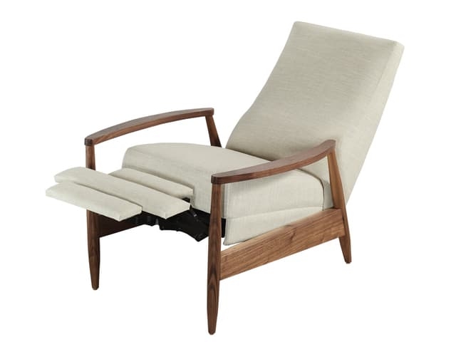 Recliner with Beige Upholstered Fabric, Woven Texture Wood Frame