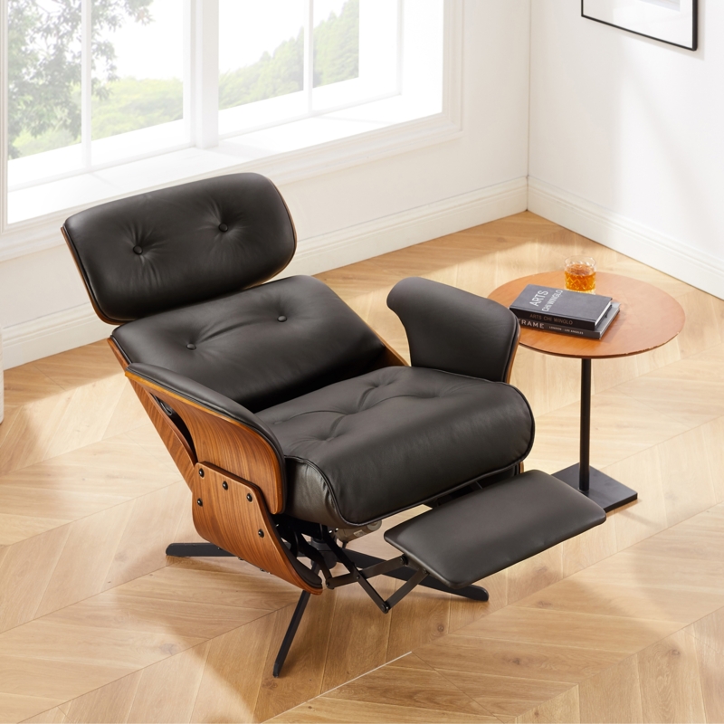 Recliner with Bentwood Shells, Black Tufted Leather Look, Swivel Base