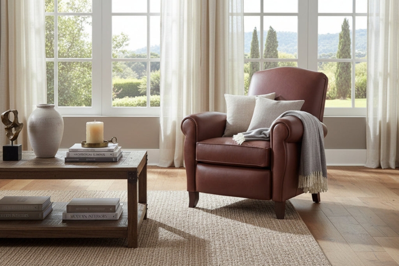 Recliner with High Back Support in Russet Leather-Like Fabric