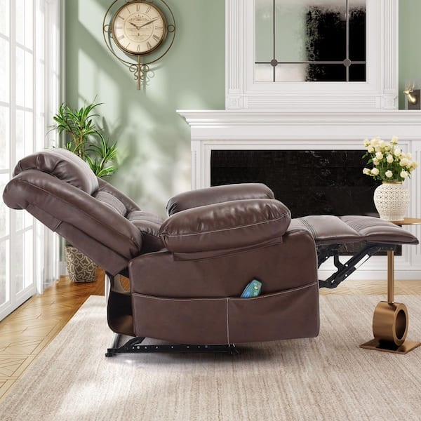 Recliner with Manual Recline and Overstuffed Cushions, Brown Leather Recliner