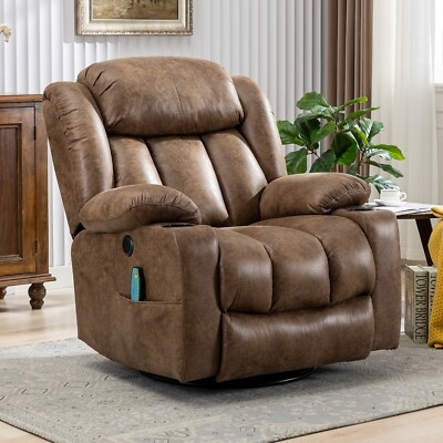 Recliner with Mottled Texture, Brown Leather-like Finish, and Cup Holders