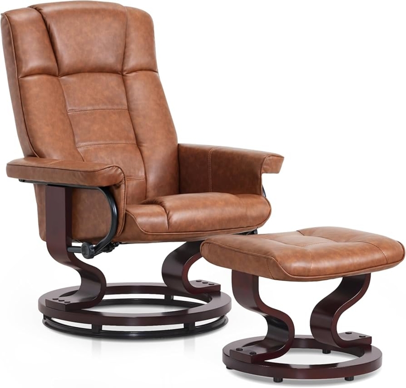 Recliner with Ottoman Saddle Brown Faux Leather Swivel Pedestal Base