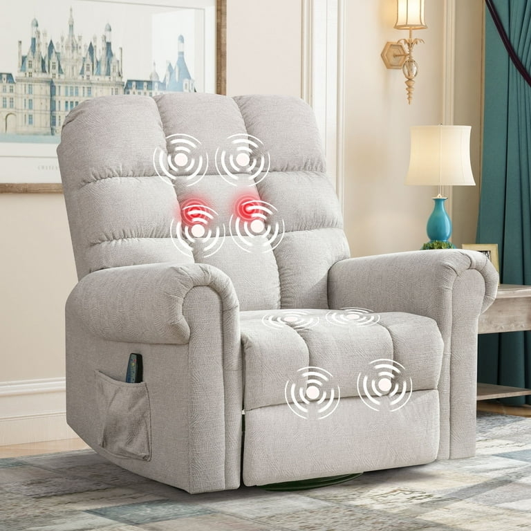 Recliner with Overstuffed Cushions and Light Gray Textured Fabric