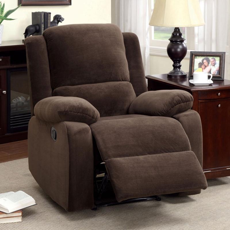 Recliner with Plush Tiered Back in Dark Brown Fabric